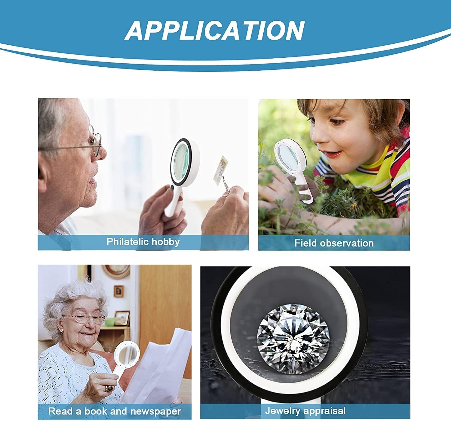 Magnifying glass with 12 LED lights - 30x double glass lens - hand-held illuminated magnifier Suitable for seniors - reading stamps, cards, researching macular — image 6