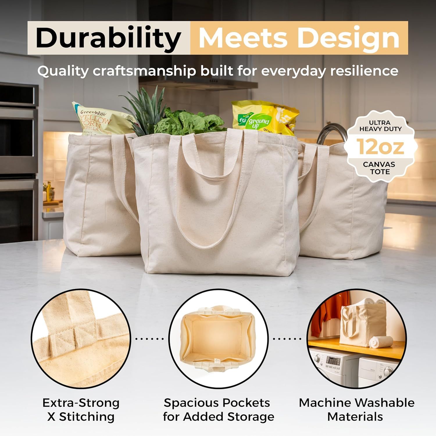 Canvas Grocery Bag 3pc XL Set with Real Pockets, Long Shoulder Strap and Short Handle. Heavy Duty, Foldable, Washable — image 3