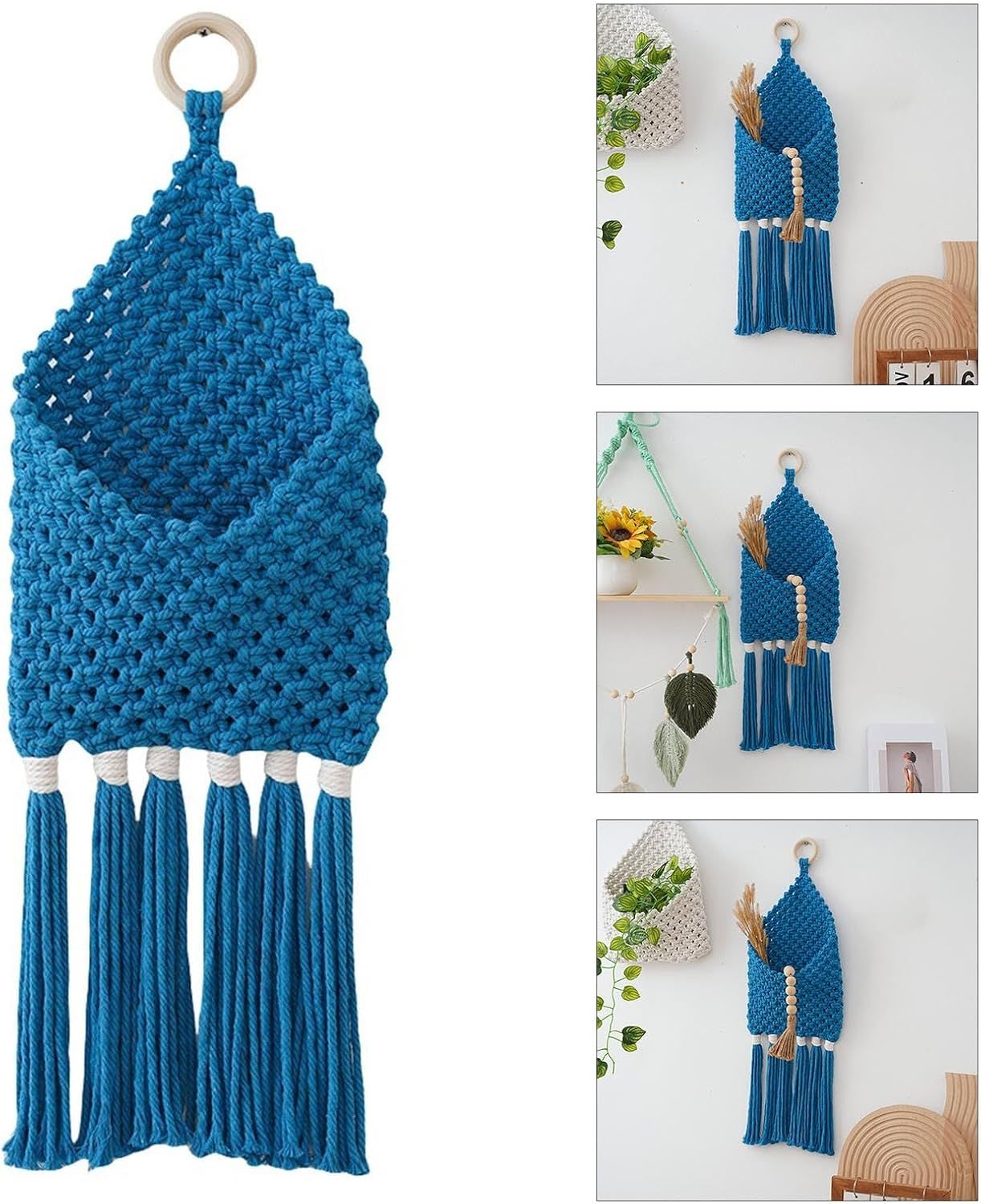 Handwoven Cotton Tassels Wall Hanging Basket Organizers Pocket For Dried Flower Mail Holder Nursery Home Decoration Wall Hanging Basket(Blue) — image 4