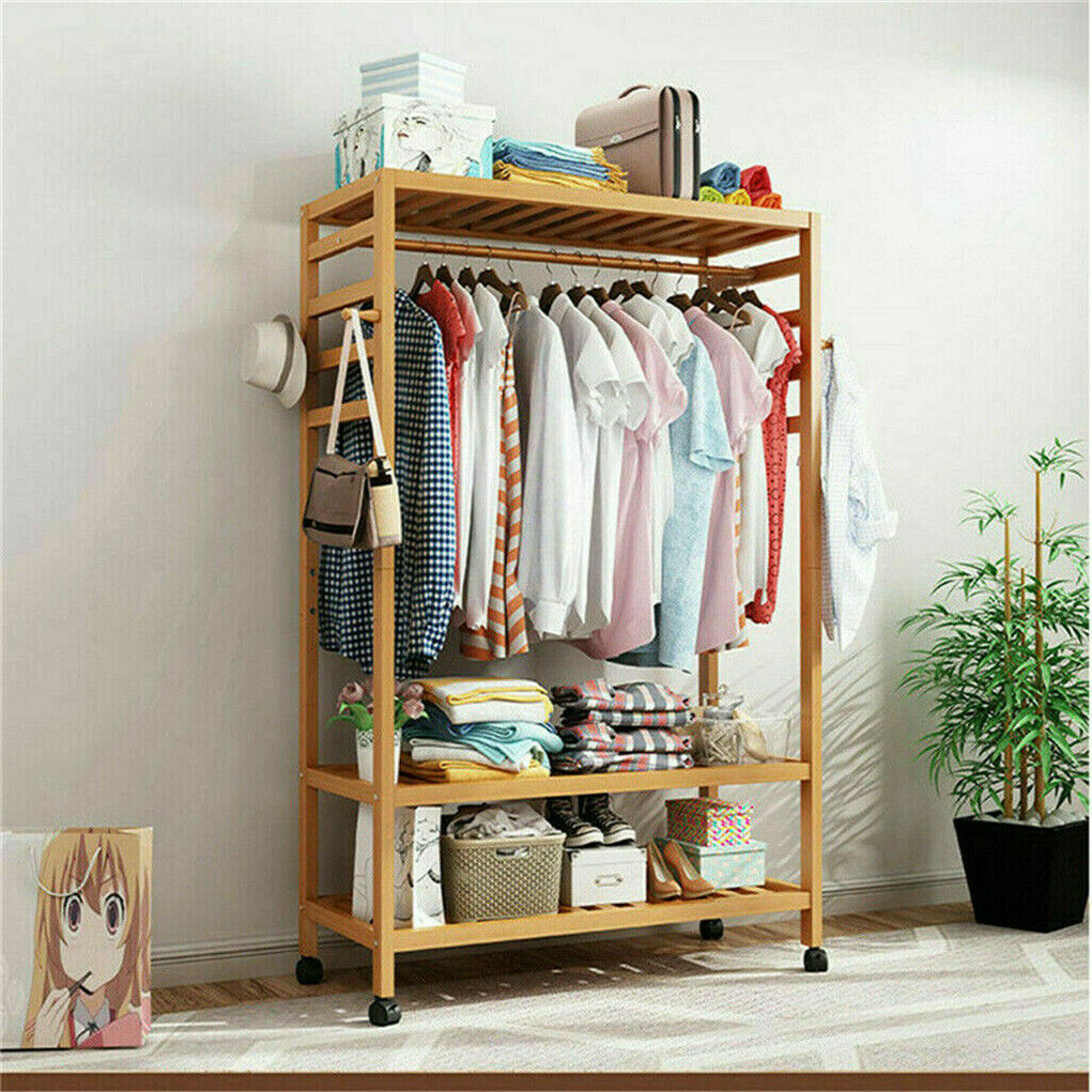 3-Tier Wooden Clothes Rack Rolling Garment Stand w/ Hooks — image 3