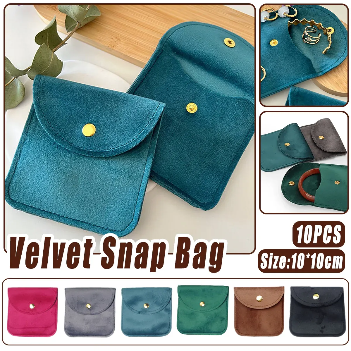 10pcs Velvet Jewelry Pouch Button Closure Thick Soft Ring Necklace Storage Bag - Grey — image 2