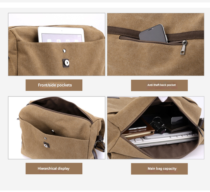 Khaki Men's Large Capacity Canvas Messenger Bag Lightweight Multi-Pocket Crossbody Shoulder Bag for Work Casual Travel iPad Compatible โ image 4