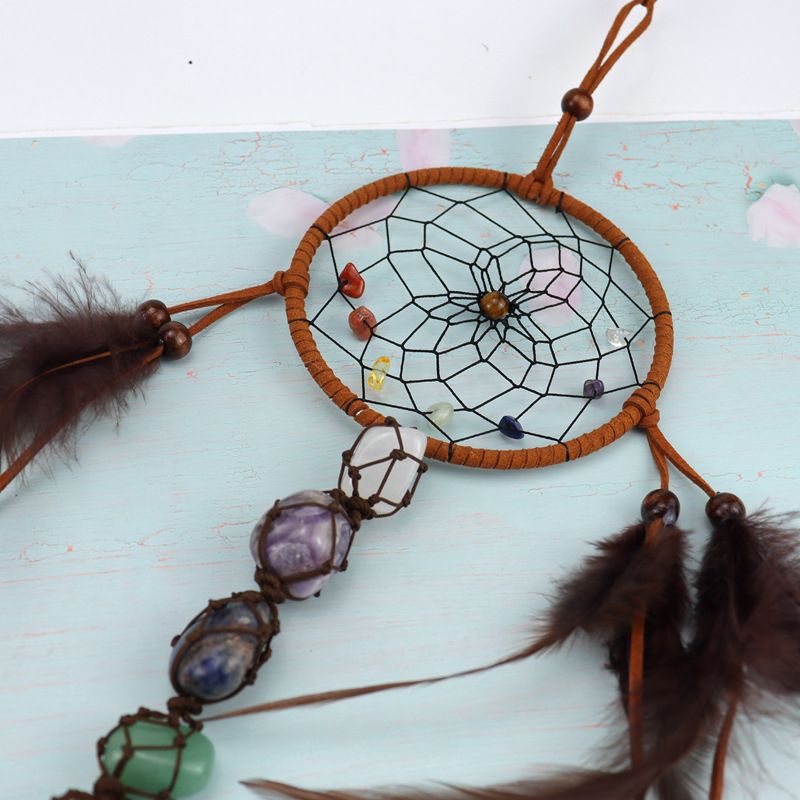 Traditional Native Style BROWN SUEDE Dreamcatcher with Bone Beads & Feathers - 22" Long x 4.3" Diameter — image 4