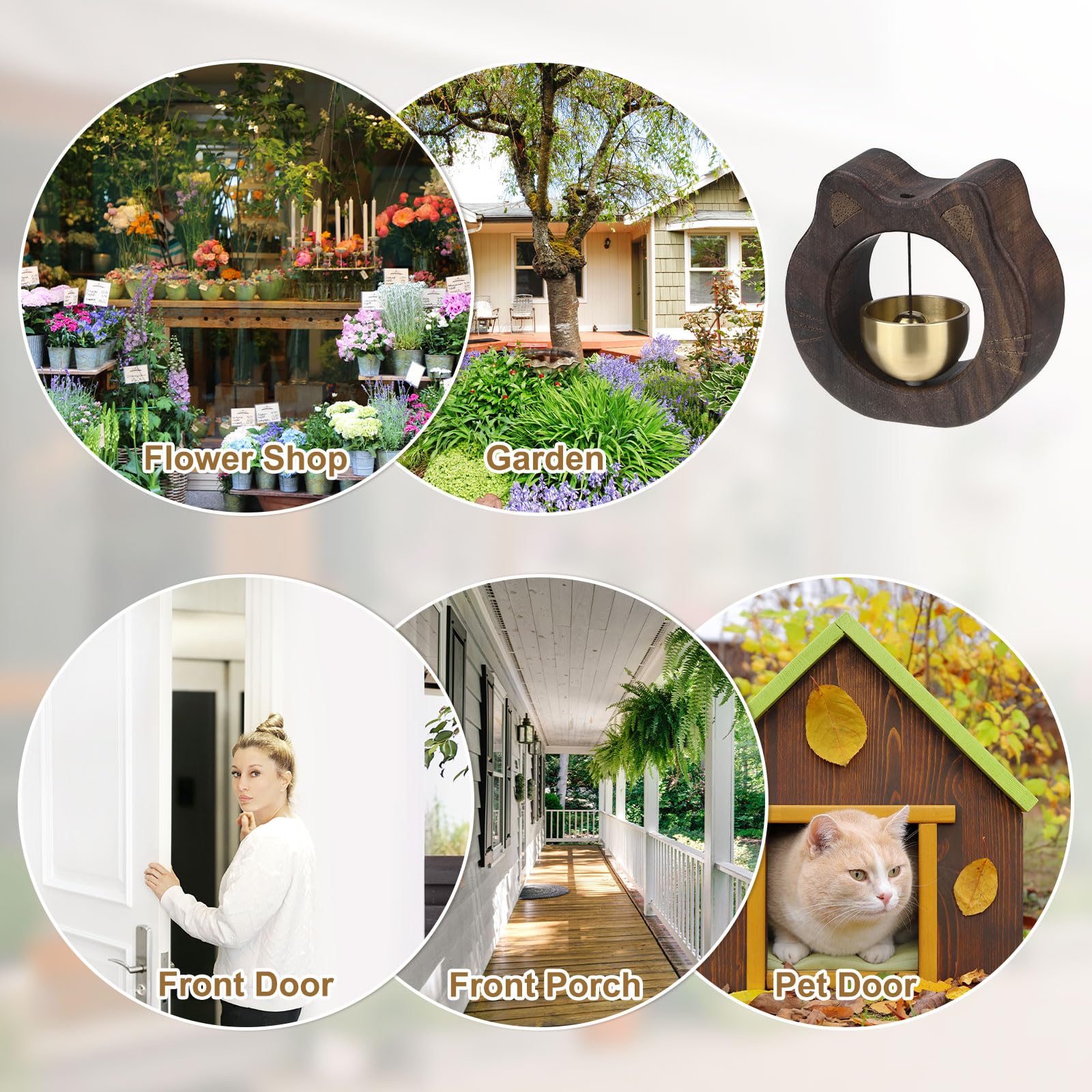 1 Piece Vintage Wooden Door Bell with Copper Chime and Magnetic Mount for Entryways and Bedrooms, Walnut Cat Face Design — image 6