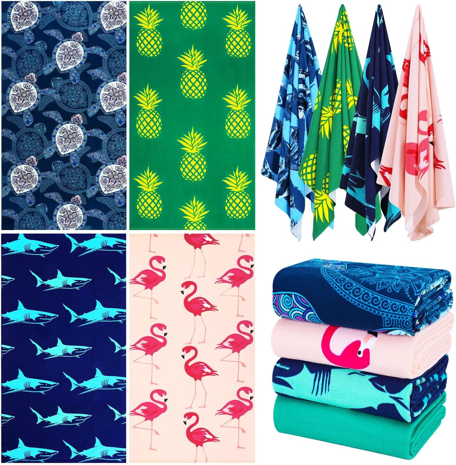4 Pack Oversized Thin Beach Towels, Quick-Dry Swim and Travel Towels for Adults, Poolside, Camping and Lounge Chairs, Assorted Prints, 152 × 183 cm