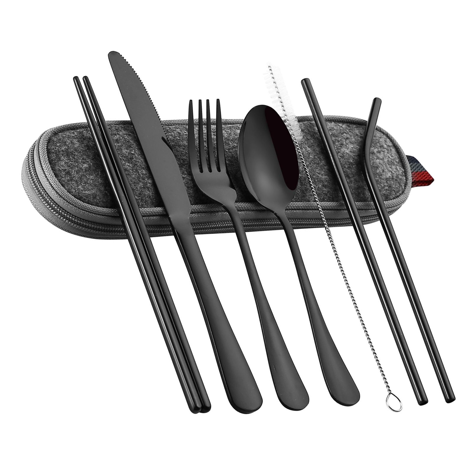 8 Pieces Stainless Steel Flatware Set Portable Travel Cutlery Set with Case Chopsticks Knife Fork Spoon Straws Cleaning Brush โ image 2