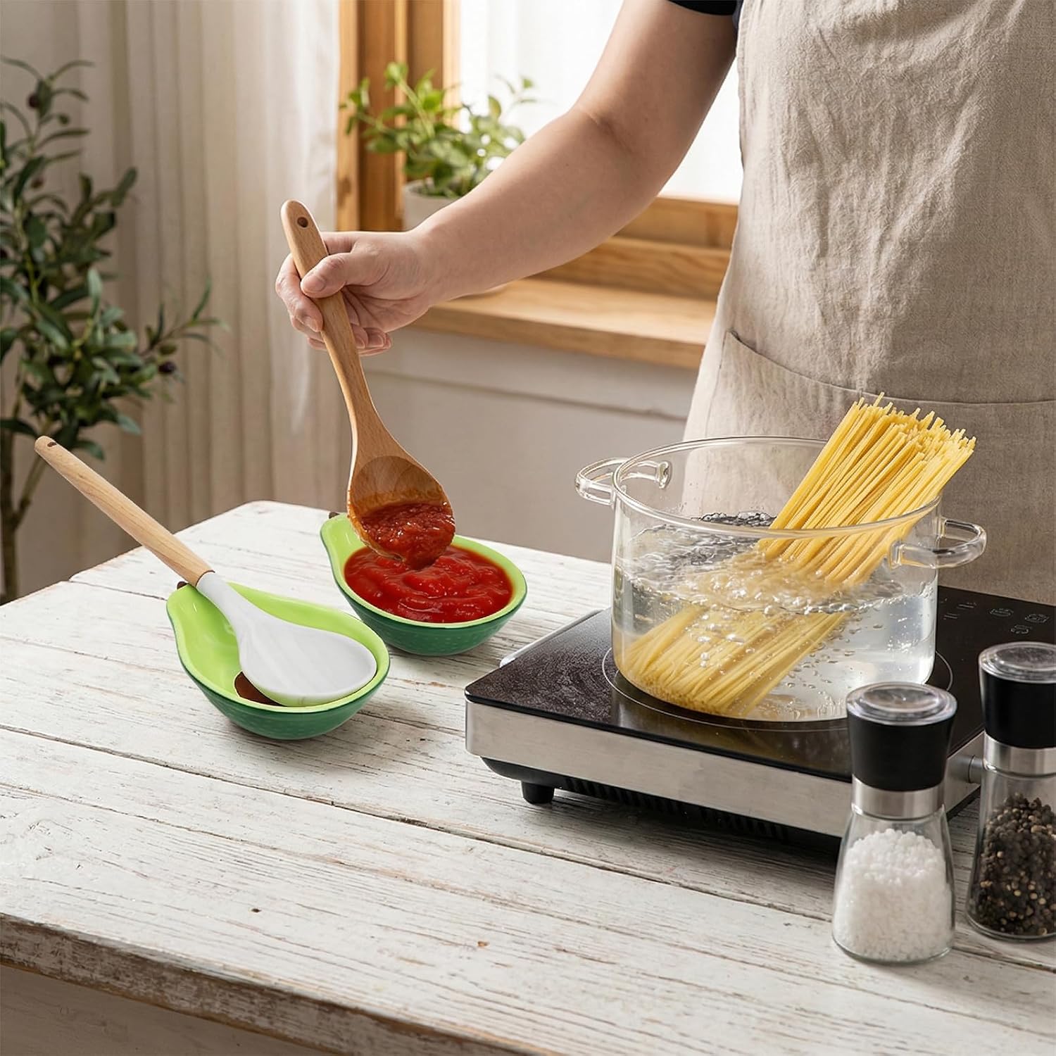 4 Pack Avocado Spoon Rest for Stove Top, 6.5 Inch Cute Ceramic Holder, Heat-Resistant Kitchen Counter Ladle Spoonrest, Large Cooking Utensil Dish Spatula — image 6