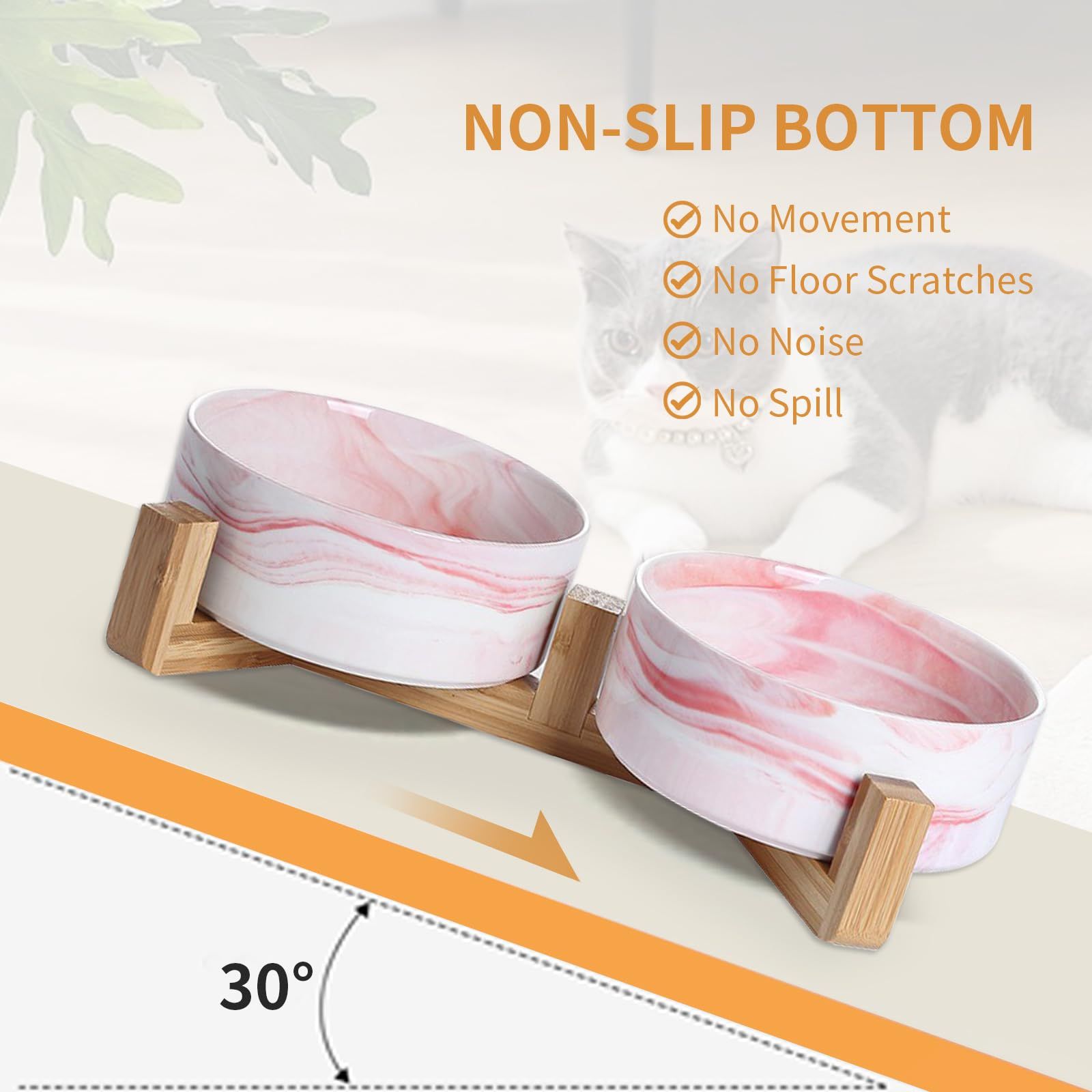 Ceramic Round Pet Feeder, 14OZ Dog Cat Bowl with Wood Stand, Durable Modern Cute Weighted Food Water Set, Double Bowls Design — image 2