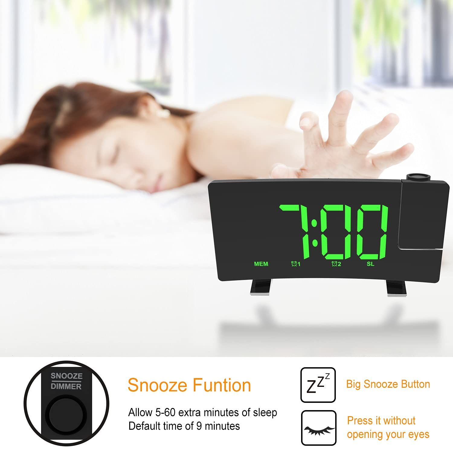 Projection Alarm Clocks for Bedrooms with Radio, USB Charging Port, Auto Dimmer, Dual Alarm Clock for Heavy( Color: Green Text ) — image 5