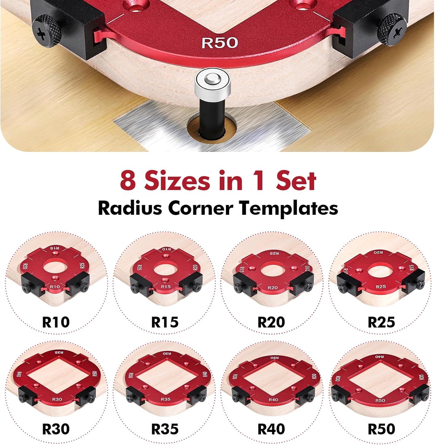 2 Pack Router Corner Radius Template, Premium Aluminum Alloy Router Corner Rounding Jig for Woodworking, 8-in-1 Arc Cutting Guide Set (R10-R50), Fits Trim — image 2