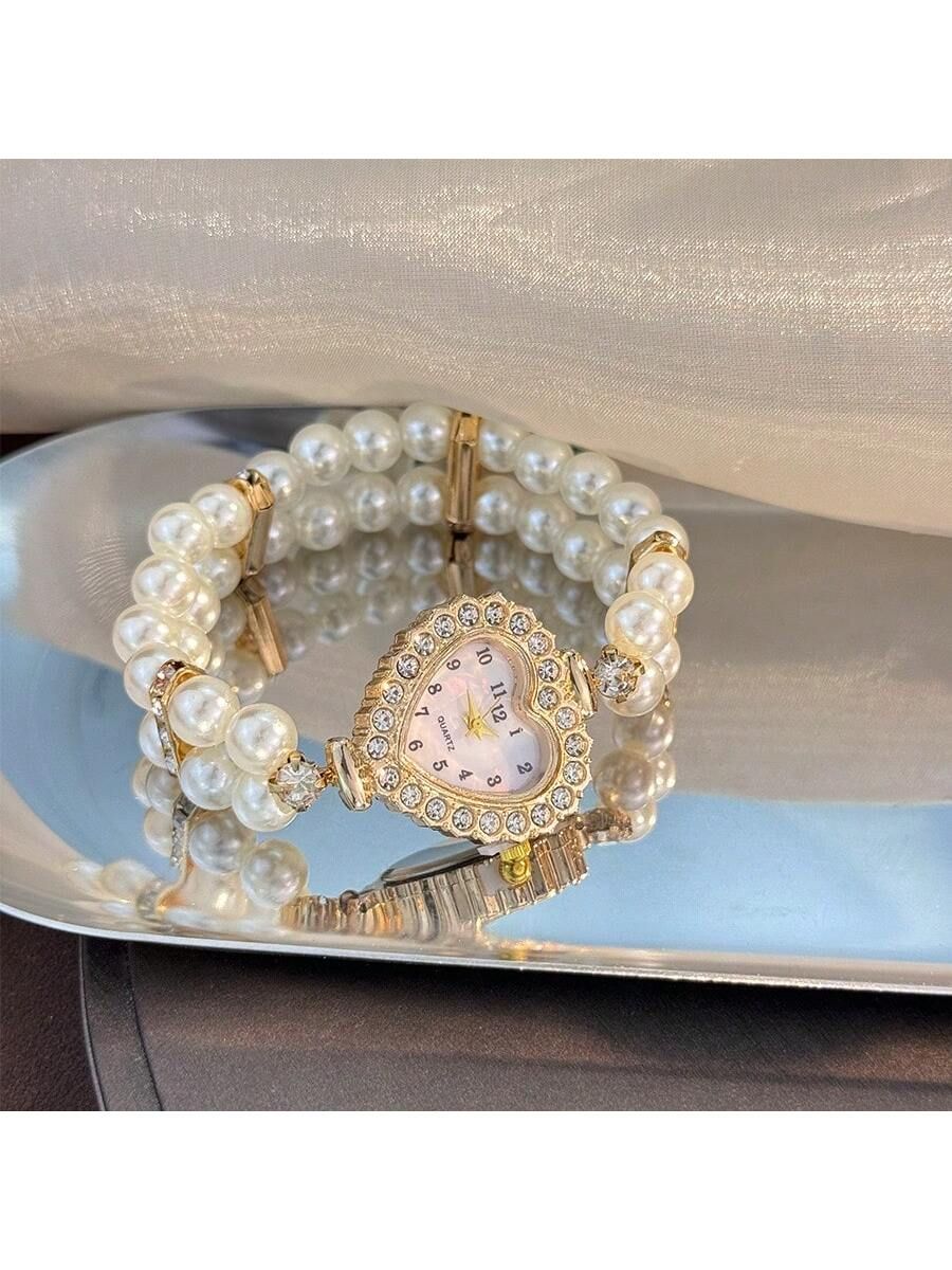 1pc Women s Alloy Bracelet Watch Fashionable Heart Shaped Case Arabic Numeral Dial Elastic Pearl Strap Daily Decoration Ideal Valentine s Day Gift — image 3