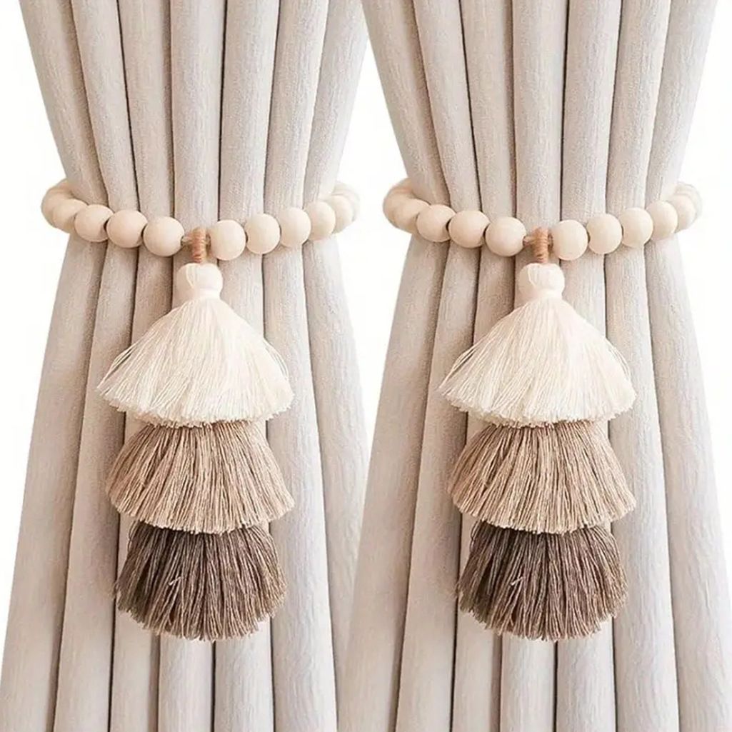 Magnetic Wooden Bead Curtain Tiebacks 2 PCS | Simple Elegant Magnetic Tassel Curtain Tie Backs | Accessories Wall Decoration | Drapery Tiebacks for Bedroom — image 3