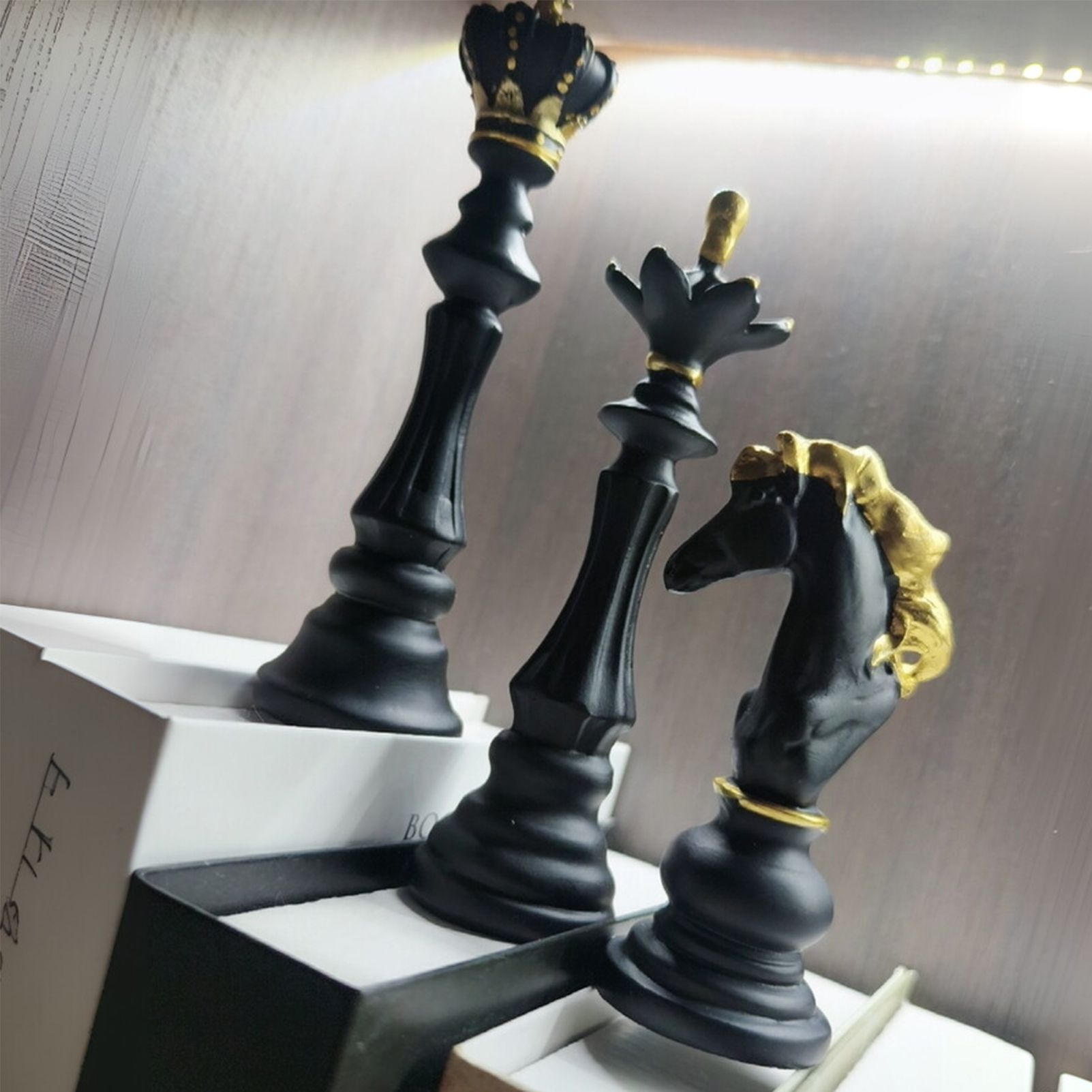 Luxury Resin Chess Piece Statues Set of 3 - King, Queen & Knight Horse Head Sculptures with Gold Trim - Classic Strategy Game Art Decor for Living Room, Study — image 5