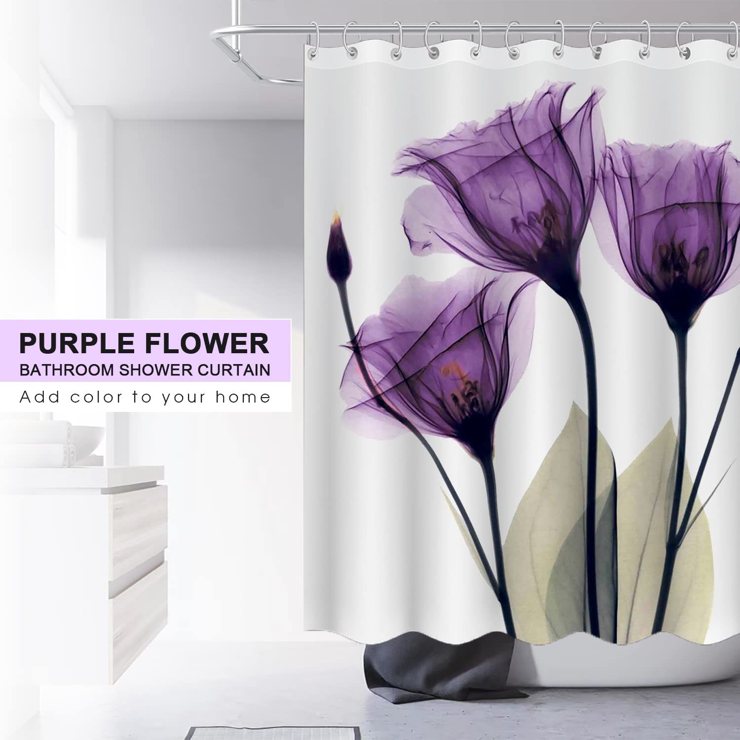 Purple Shower Curtain Tulip, Waterproof Shower Curtain, Bathroom Decorative Shower Curtains with Hooks, 72 Inch x 79 Inch — image 2