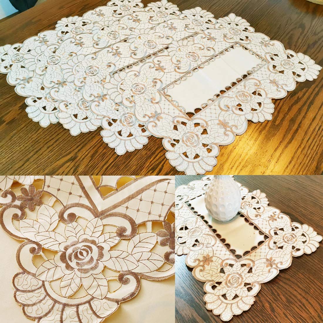 17 Inch X 11 Inch Embroidered Flower Brown Place mats, Set of 4, Elegant Classic Washable Lace Place Mats, Home Decoration Party — image 3