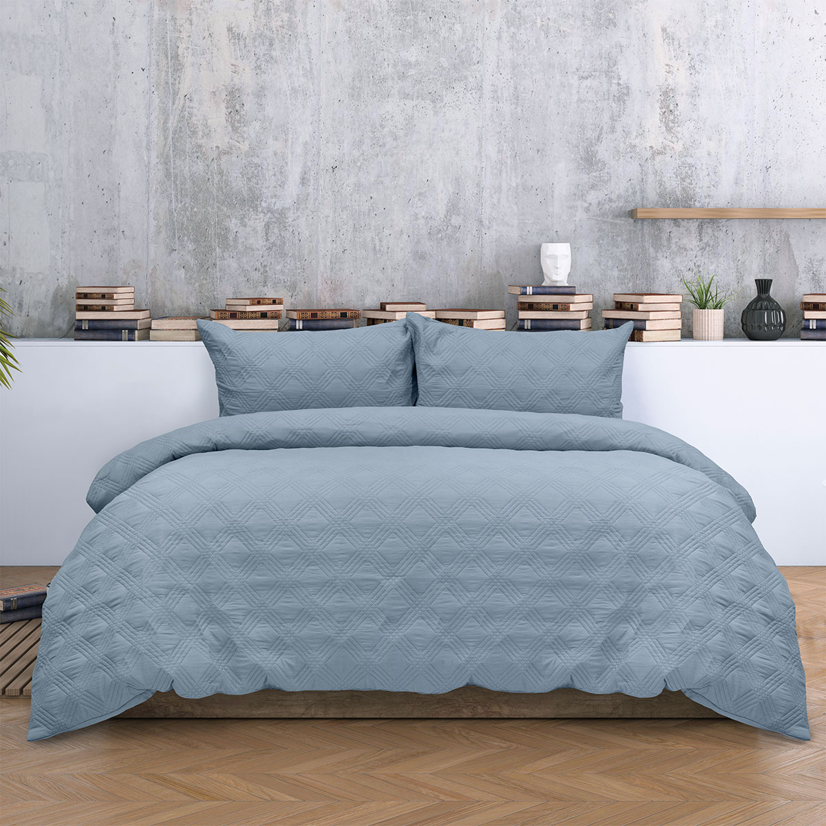 Ardor Carter Mineral Blue Embossed Vintage Washed Geometric Quilt Cover Set Queen