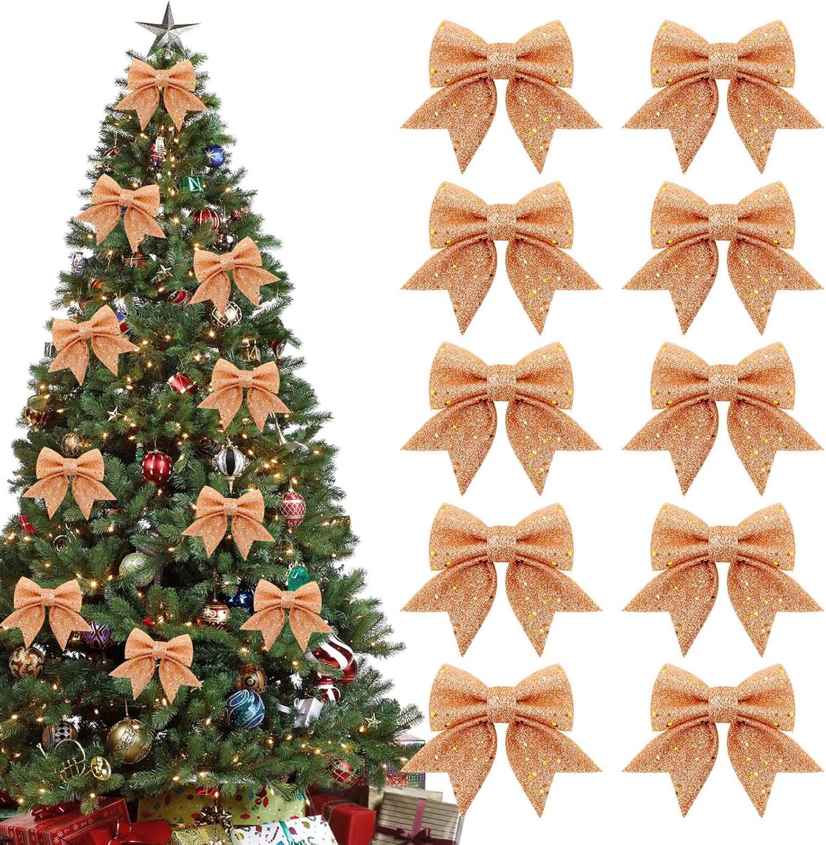 10 Gold Christmas Bows - 12 × 15 cm - Glitter - Christmas Decoration Bows - Christmas Ornaments - Christmas Tree Decoration - Christmas Bows - Christmas