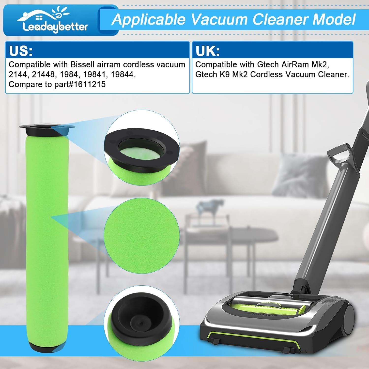 Air Ram ilter Replacement or Bissell AirRam Cordless Vacuum 1984 2144 21448 19841 19844. Compare to part#1611215 (3 Pack) โ image 3