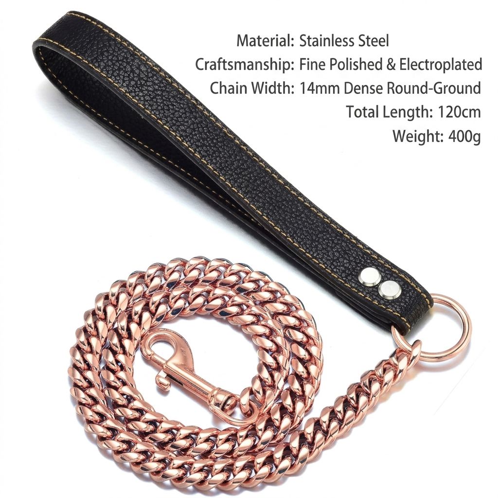 Luxury Cuban Link Dog Leash with Genuine Leather Handle – Polished Stainless Steel Pet Walking Chain for Large Dogs, Durable 14mm Heavy-Duty Leash — image 2