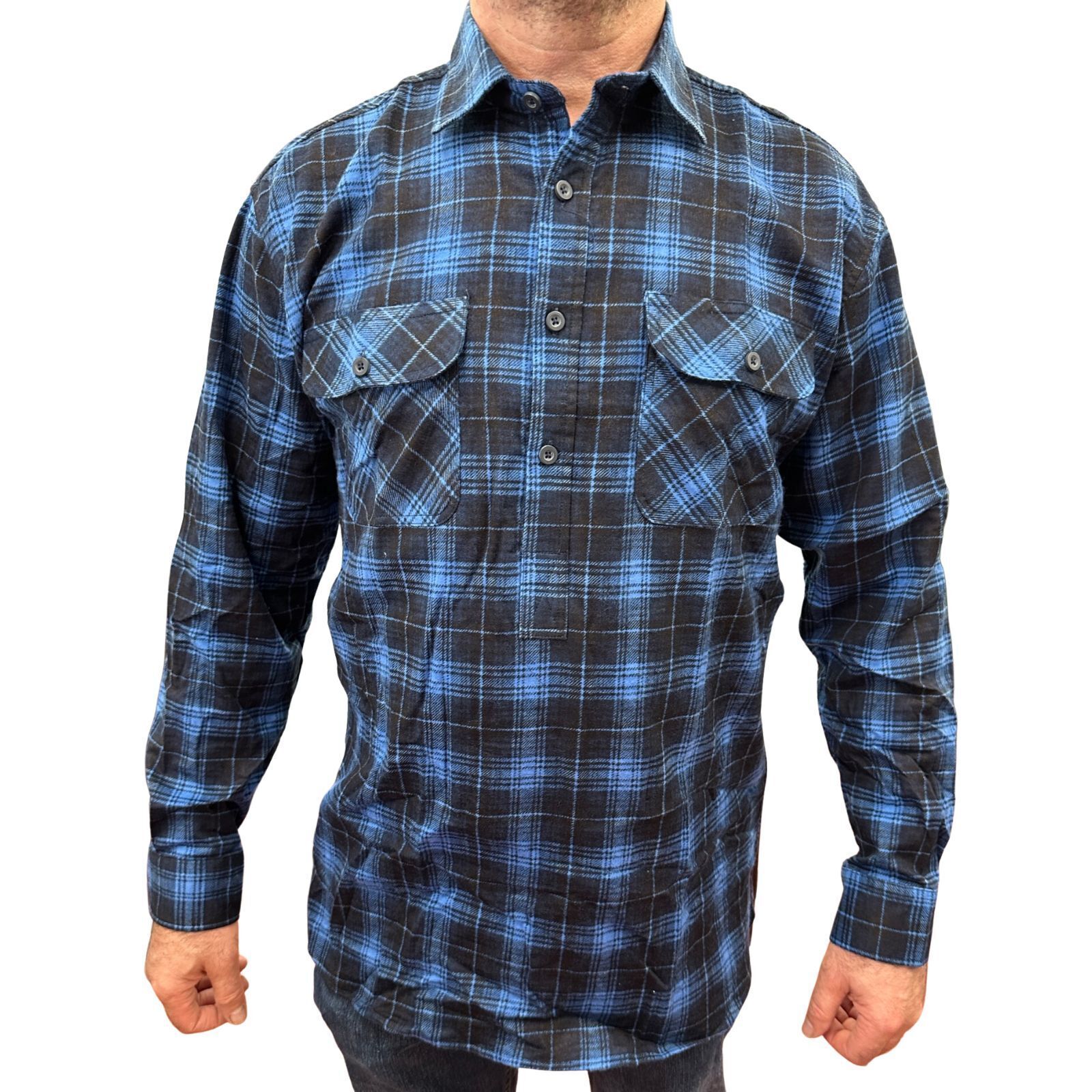 Mens Flannelette Long Sleeve Pullover Shirt 100% Cotton Flannel - Half Placket - Blue — image 2
