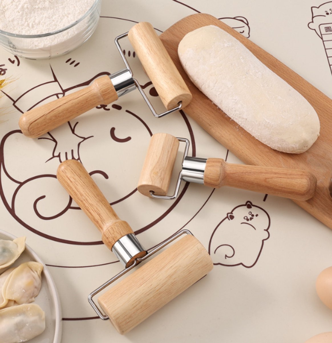 Dough Rolling Machine - Double-Sided Wooden Dough Rolling Machine - Three-Piece Set - Hand Baking Utensils - Smooth Non-Stick Coating - Suitable for Baking โ image 2