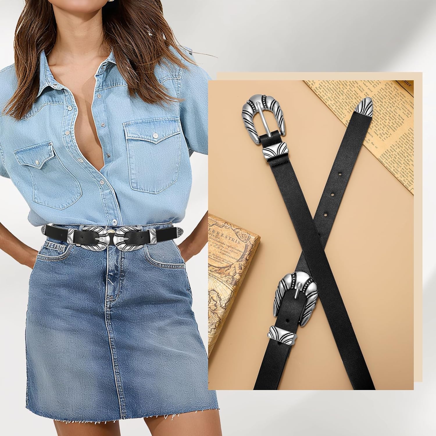 Western Leather Belts for Women Jeans Dress Cowgirl Thin Ladies Belt with Double Sliver Buckle โ image 2