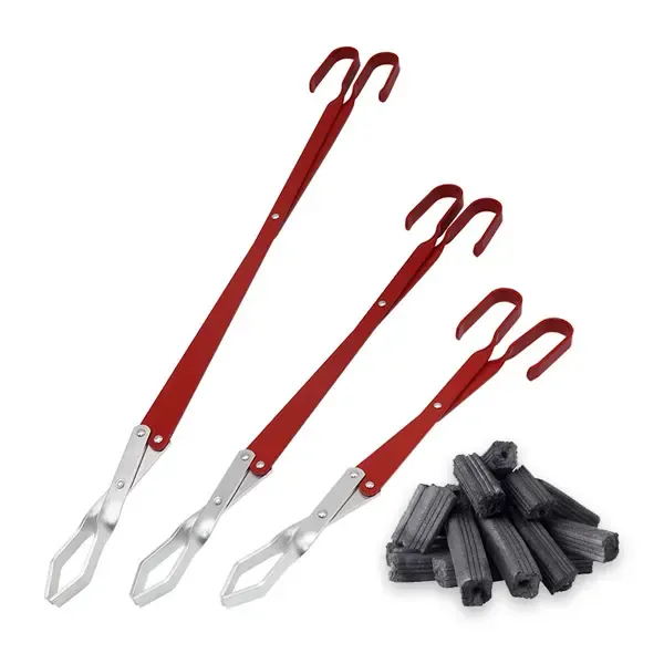 BBQ Charcoal Tongs with Long Aluminium Handle for Home Kitchens, Outdoor Grilling, Campfires and Fireplace Use, Red — image 2