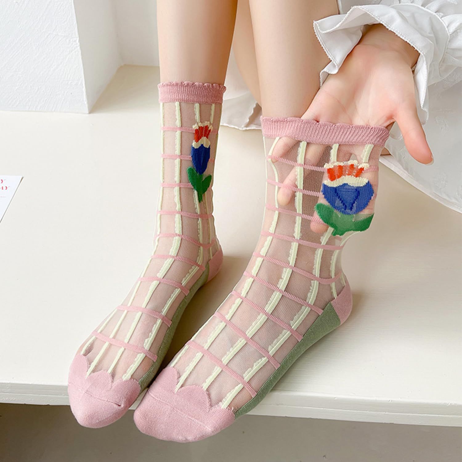 3 pairs Womens Girls Lace Sheer Socks Ultrathin Crystal Glass Crew Socks Transparent Novelty Nylon Fishnet Ankle Socks — image 4