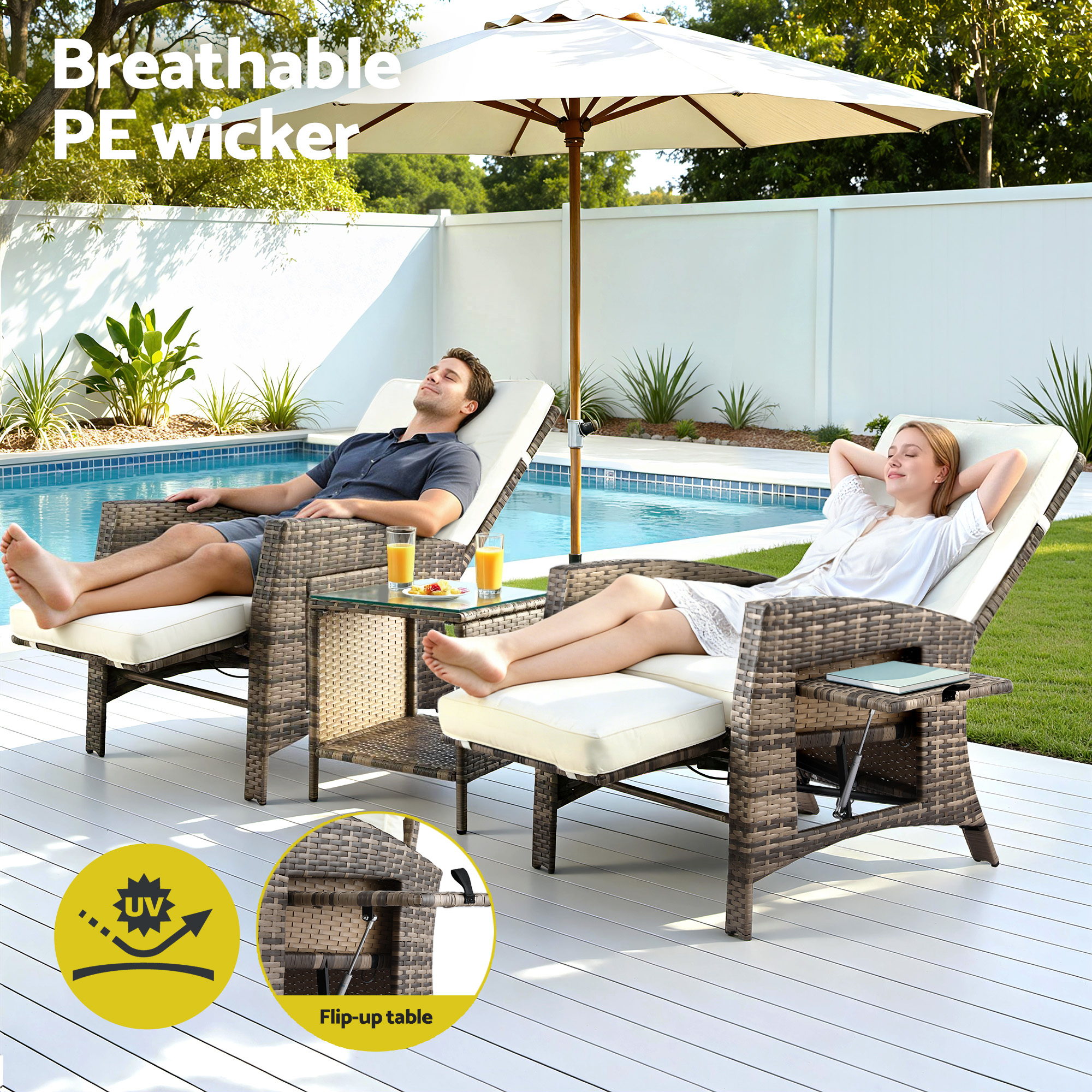 Gardeon 3PC Outdoor Bistro Set Recliner Chairs Table Sun lounge Patio Furniture Wicker Adjustable — image 4
