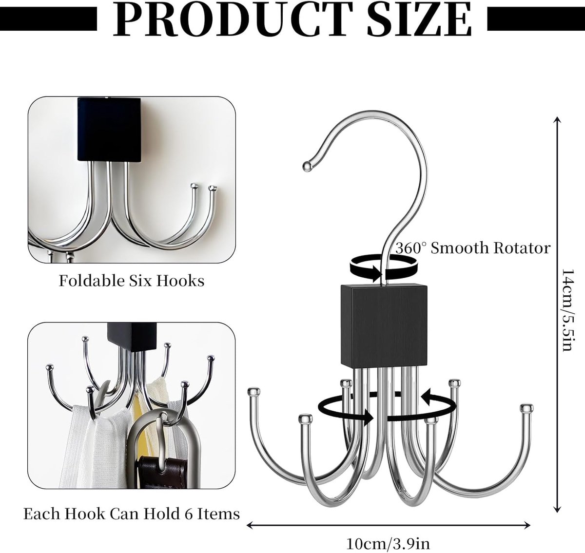 2 pieces - Belt Rack - Belt Organizer - Bra Hanger - Tank Top Hanger - Clothes Hangers - 360° Rotating Metal - Bra Organizer - Storage Rack - with 6 Hooks — image 5