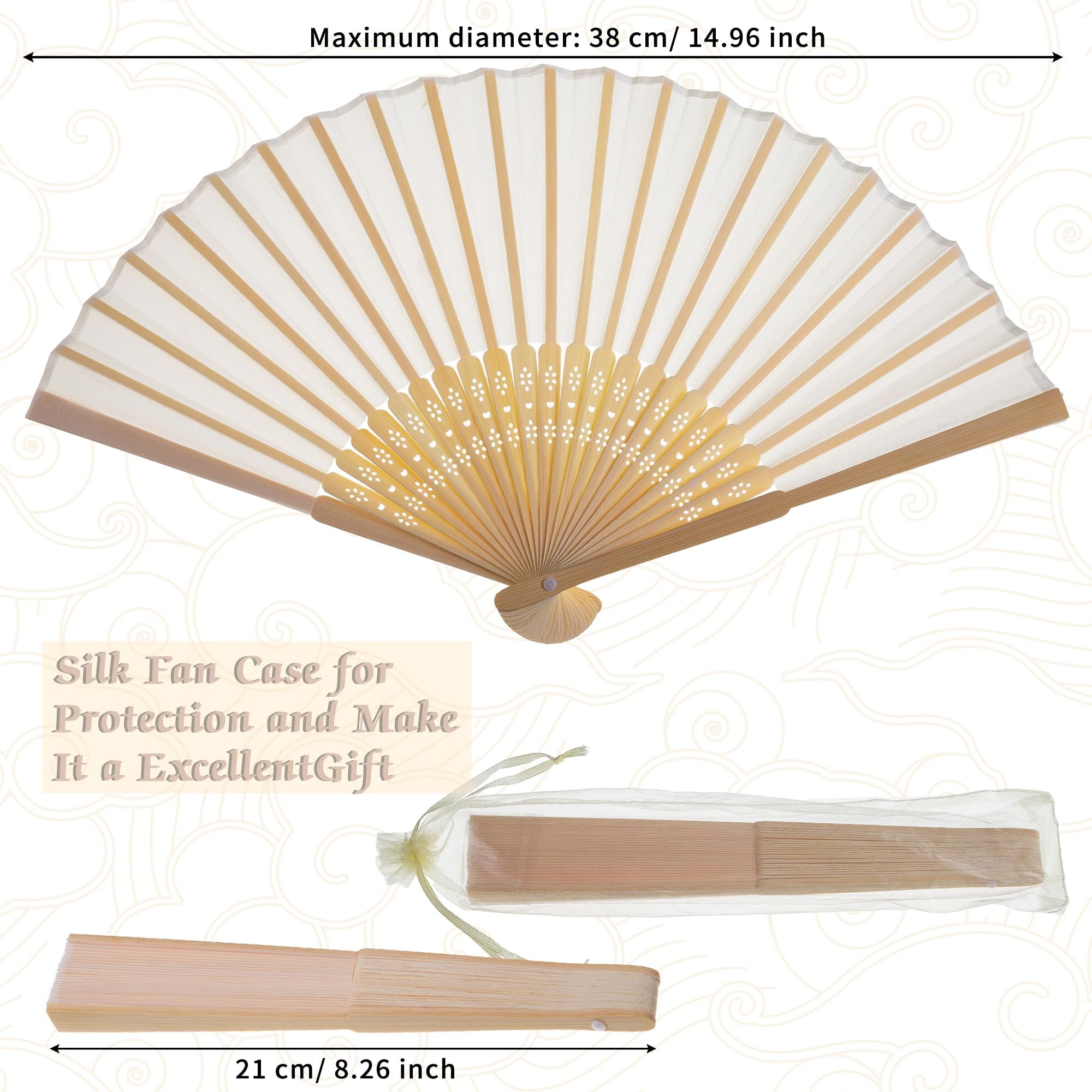 5pcs Cream-Coloured Imitated Silk Fabric Bamboo Folded Hand Fan Bridal Dancing Props Church Wedding Gift Party Favors — image 3