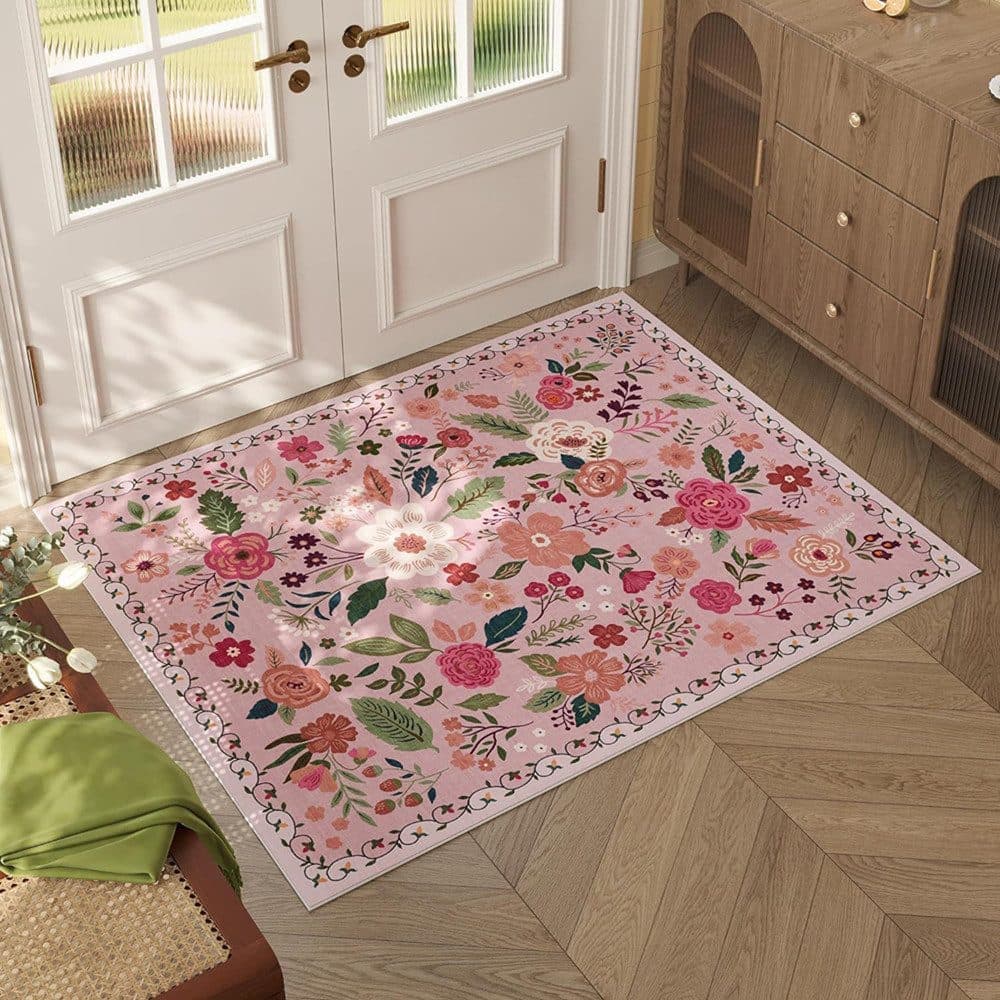 Non-Slip Bohemian Floral Doormat Absorbent Dirt-Resistant Machine Washable for Bathroom Hallway and Kitchen, 40x60cm, Pink — image 2