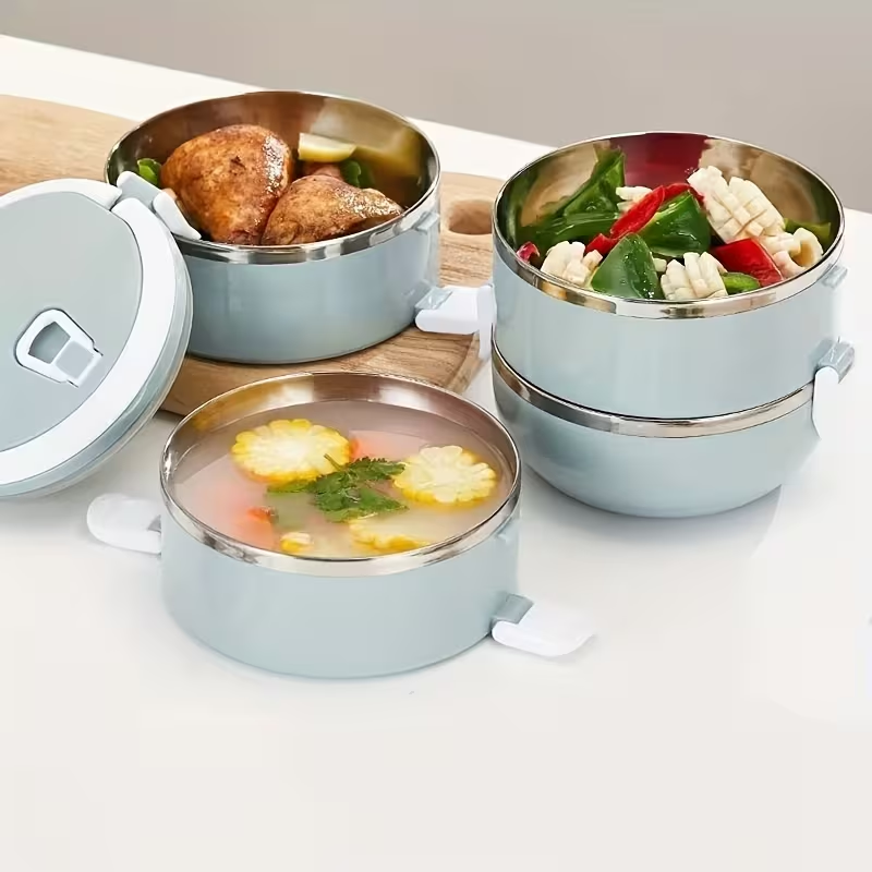 Two-layer circular lunch boxes, stainless steel insulated lunch containers, covered storage containers, suitable for office workers, school trips, camping and — image 2