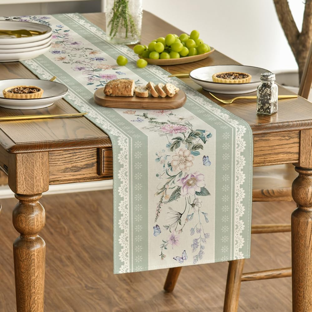 Green Printed Lace Floral 210 GSM Spring Table Runner, Seasonal Summer Kitchen Dining Table Decoration for Home Party Decor 13 × 72 Inch — image 3