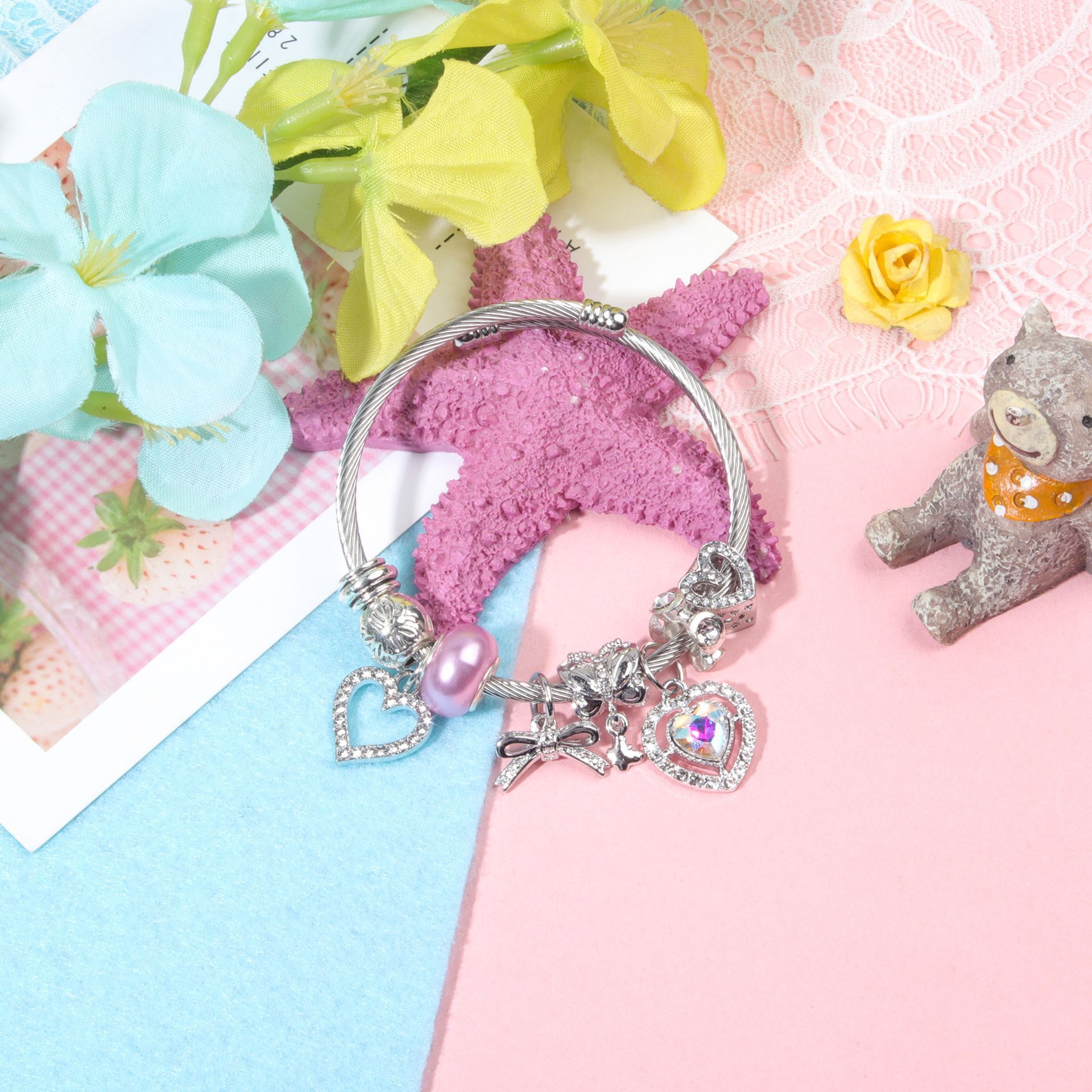 Cute Heart-shaped Beaded Bracelet with Rhinestones(19cm) โ image 4