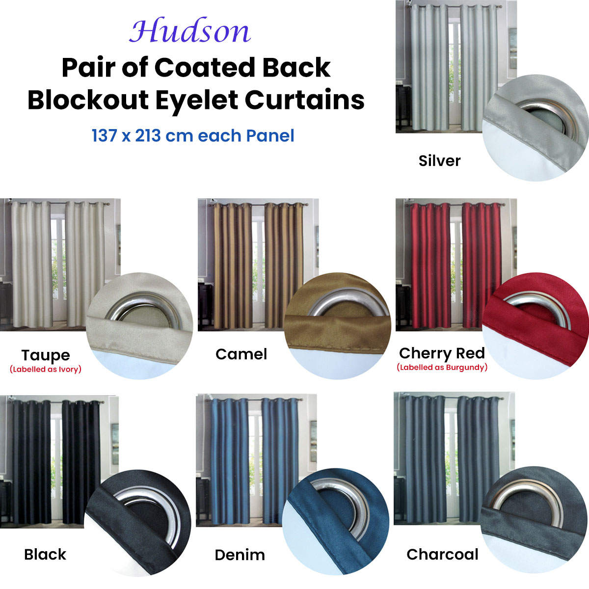 Emporio Hudson Pair of Coated Back Blockout Eyelet Curtains 137 x 213cm each Charcoal โ image 2