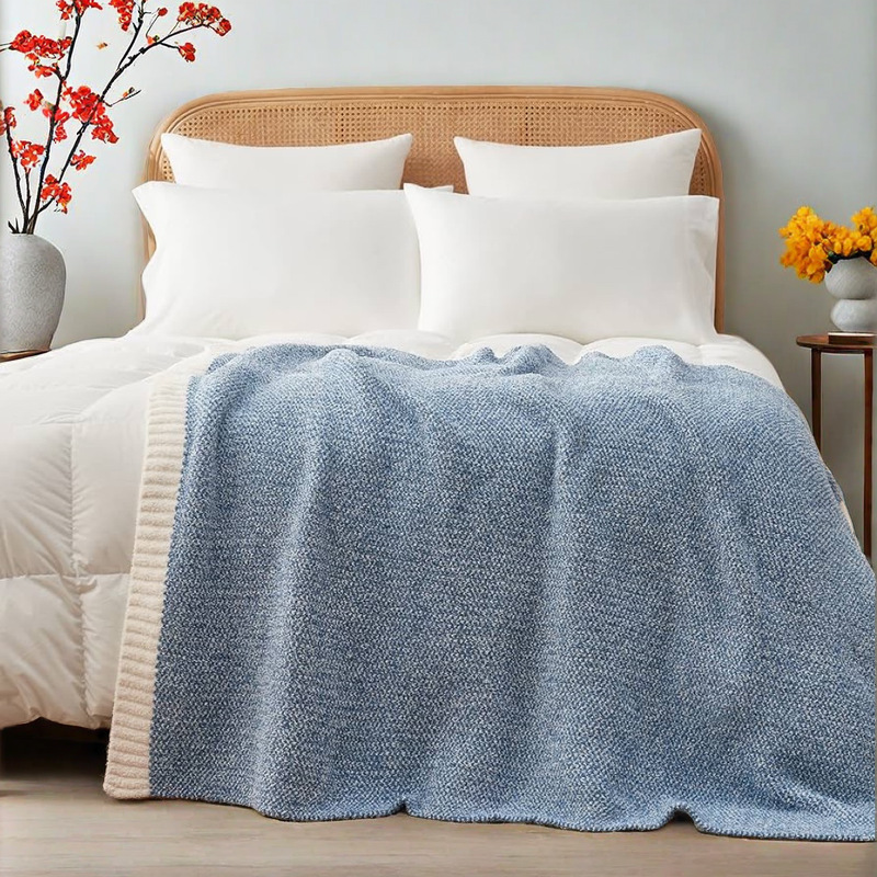 Beige and White Plush Chenille-Knit Throw Blanket - Soft Cozy Polyester for Bed & Sofa | Textured Two-Tone Design (127 × 153cm) — image 5
