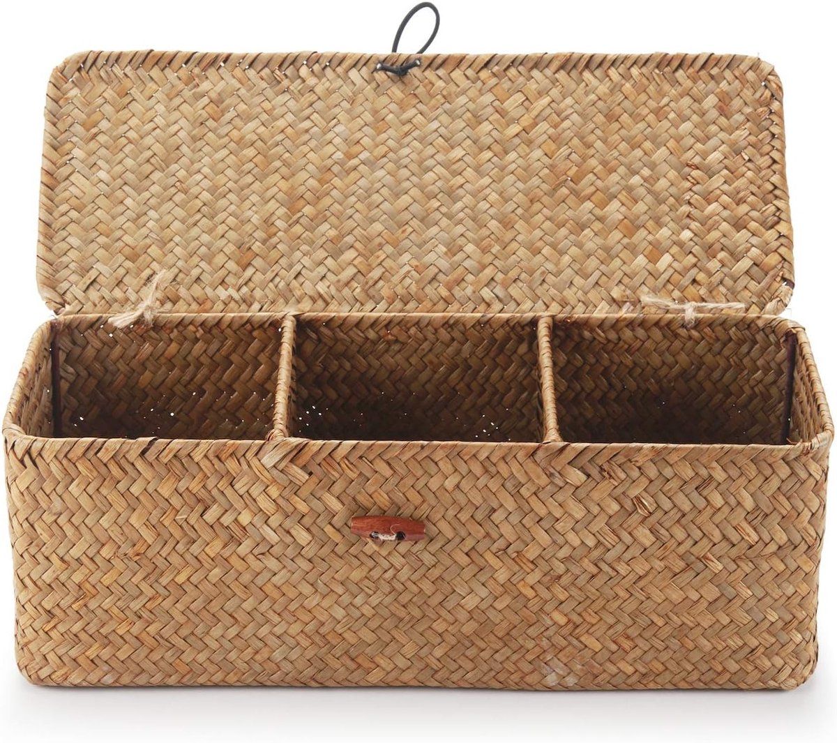 Handwoven Wicker Storage Basket with Lid and 3 Compartments, Brown โ image 4
