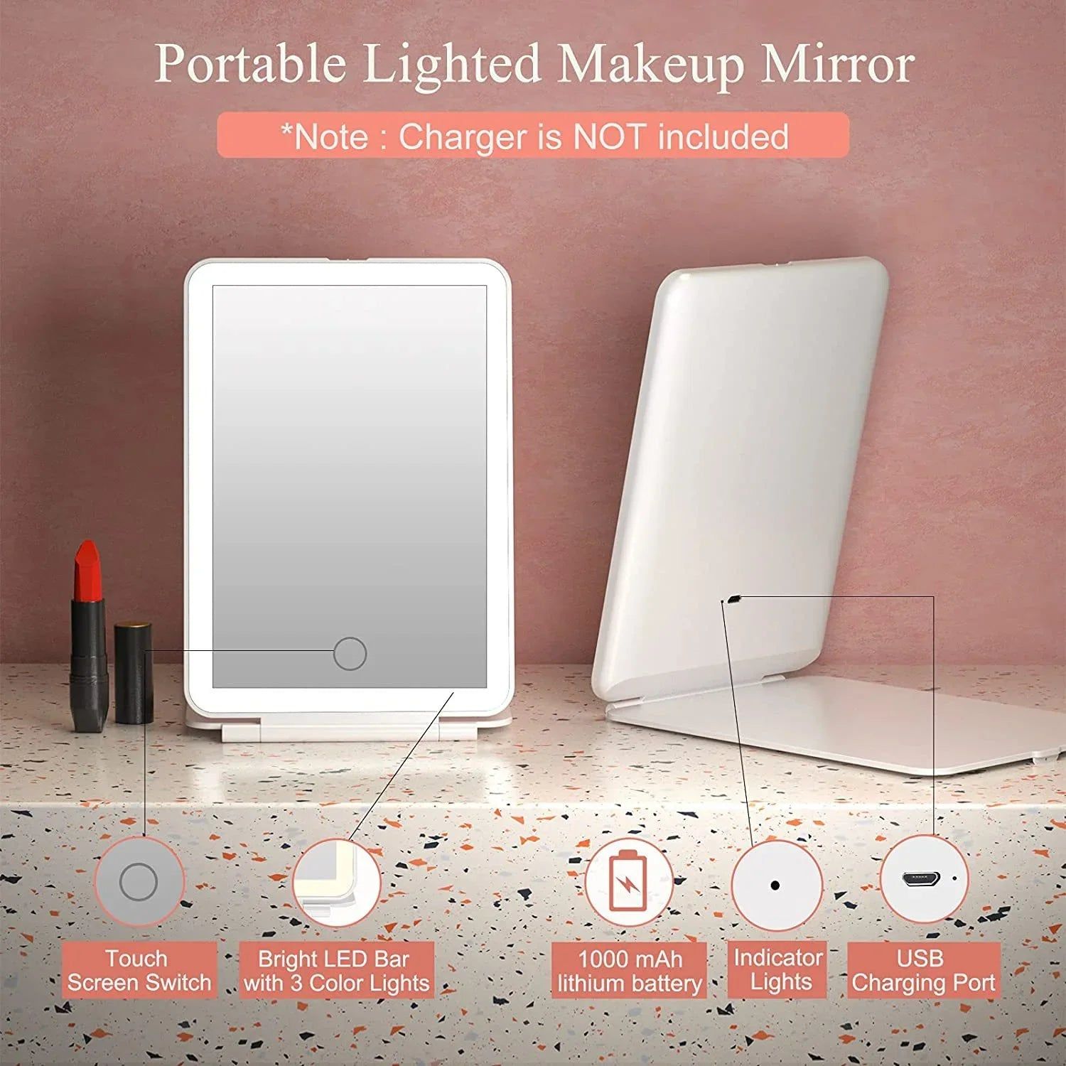 LED Travel Makeup Mirror 3 Light Modes USB — image 2