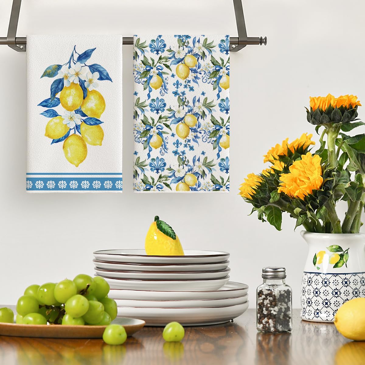 Lemon Flowers Floral Summer Kitchen Towels Dish Towels, 18 × 26 Inch Seasonal Decoration Hand Towels Set of 2 — image 2