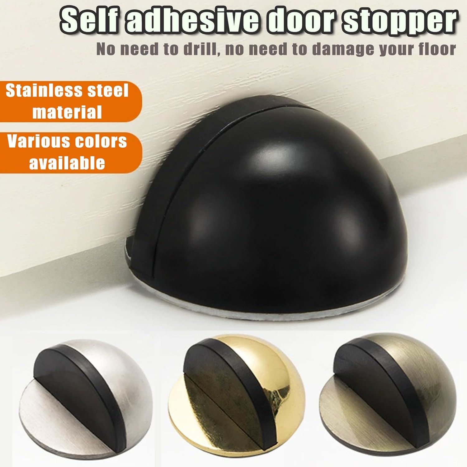 Drill-Free Floor Mounted Door Stoppers 3M Adhesive Self Adhesive Door Stoppers with Black Rubber Bumper Tips Floor Mount Half Dome Door Stopper for Office — image 4
