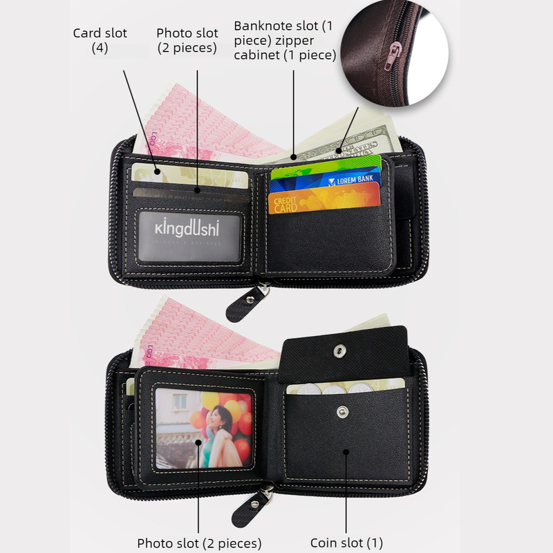 Full-Zip Carbon Fiber PU Wallet for Men, Multi-Card Slot Snap Coin Purse with ID Photo Window - Silver โ image 2
