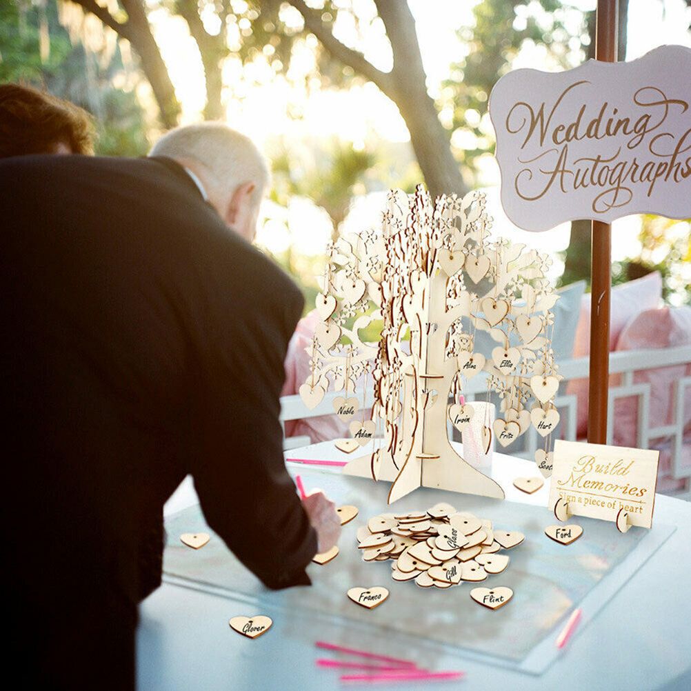 Wood Tree Frame Guest Book with Stand Unique Rustic Wedding Guest Registry with 100pcs Wooden Hearts — image 6