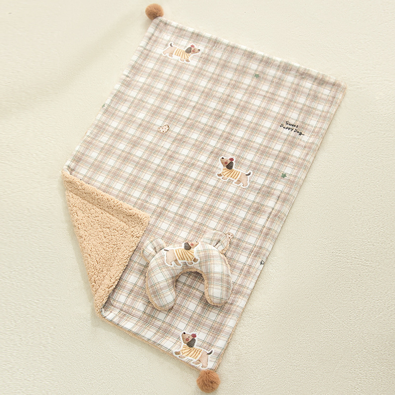 Plaid Puppy Premium Soft Fleece Dog Bed Quilt & Pillow Set (M Size 70 × 50 CM) - All-Season Reversible Warm Cat Nap Pad