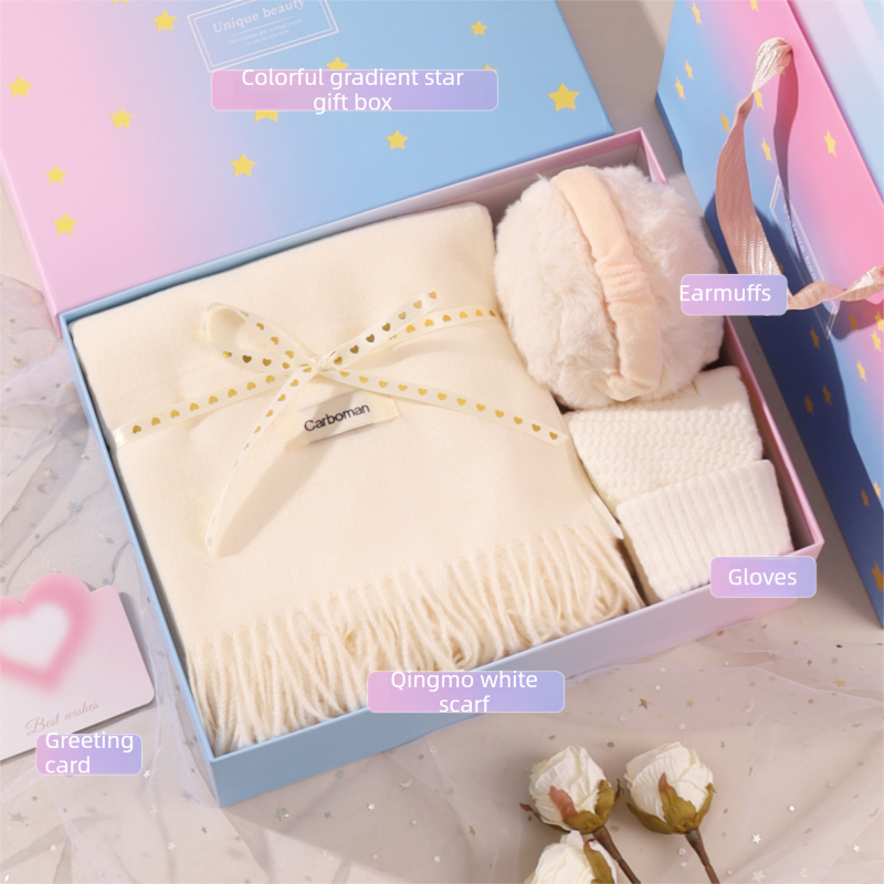 White Winter Scarf Gift Box Set for Women （Earmuffs, Gloves, and Scarf 3-Piece Set）- Soft Warm Scarf with Luxury Gift Packaging Birthday Present for Girlfriend