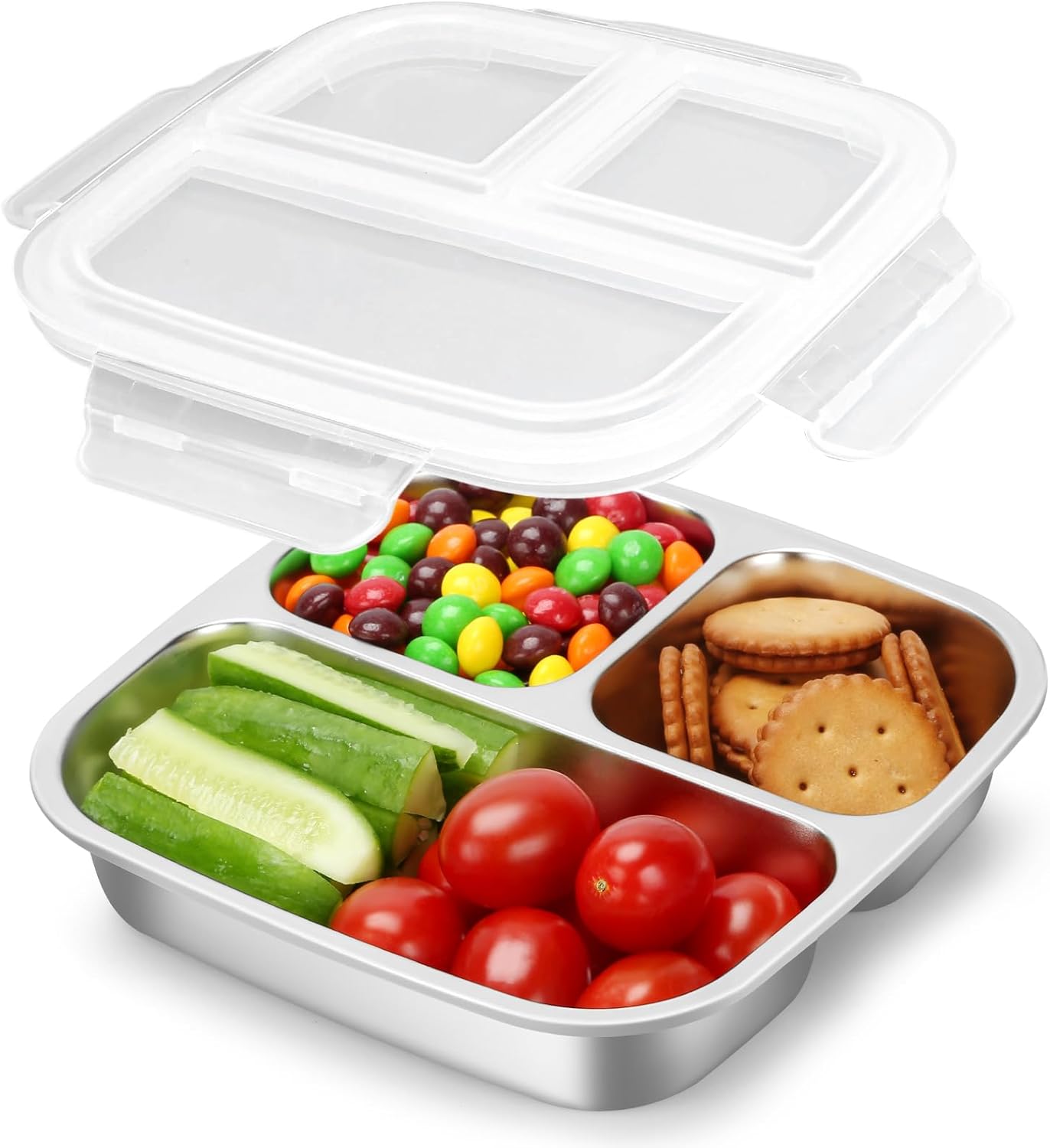 Stainless Steel Snack Containers With Lids, 3 Compartment Leak-proof Bento Box, 20 oz Reusable Grab and Go Food Storage Containers for School, Home, Office