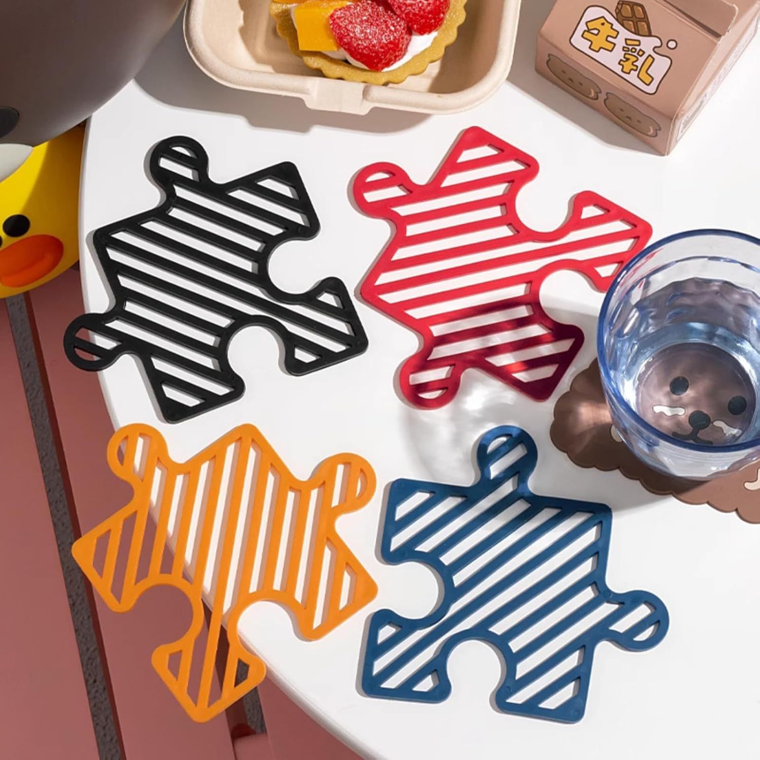 4 Pcs Creative Puzzle Shaped Heat Resistant Table Mat Set Insulated Coasters for Cups Bowls Pots Plates (Red Blue Orange Black,3.7x4.7 Inch) โ image 3