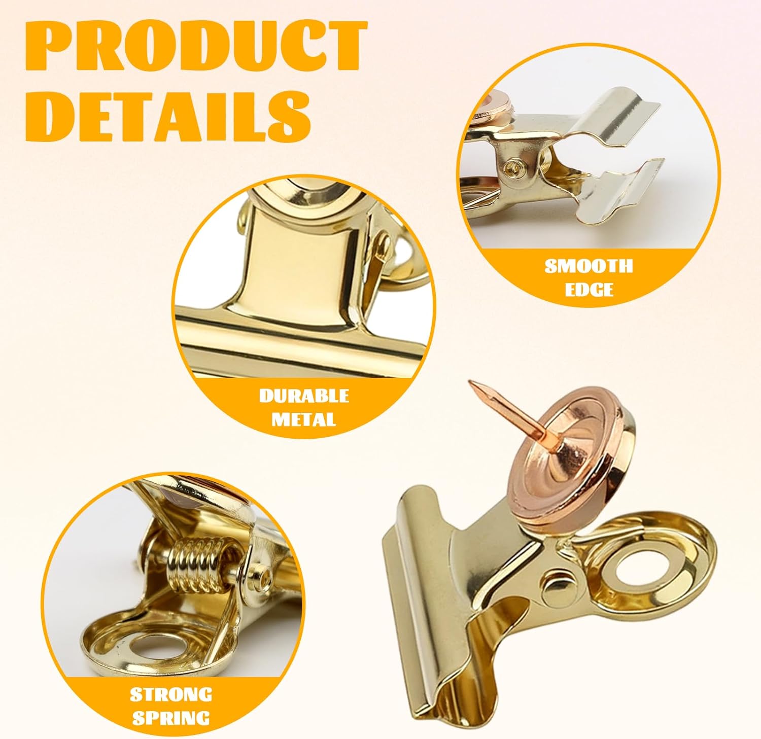 20Pcs Push Pins Clips Gold - Metal Bulldog Clips with Pushpin - Cork Board Thumb Tacks for Home Office School Artworks Projects on Cork Photos Documents on β image 4