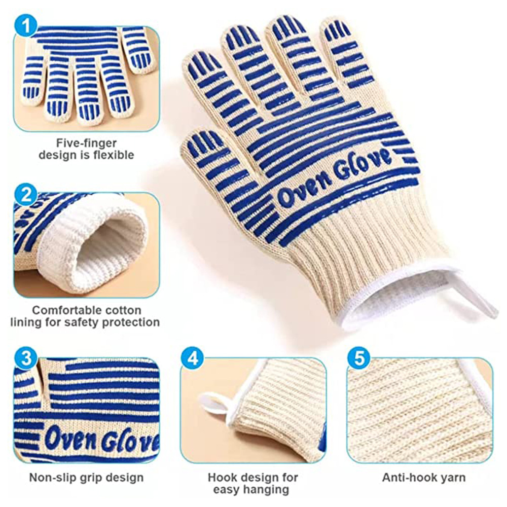 Blue and White Extreme Heat Resistant BBQ Gloves - Cut-Resistant Oven Mitts with Non-Slip Silicone Grip โ image 2