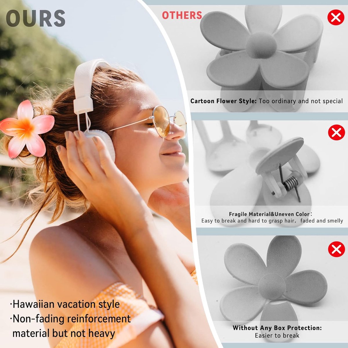 Floral hair clips - Pack of 4 - Suitable for thick hair - Strong non-slip - Hawaiian style - Cute large hair clips - Banana clips for fine hair - Hair — image 5